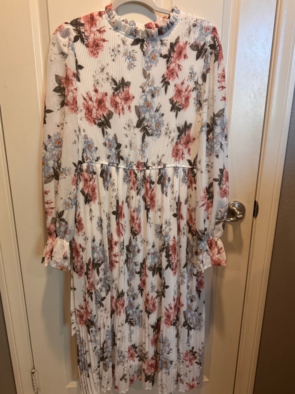 White Floral Pleated Midi Dress with Pink & Blue Flowers